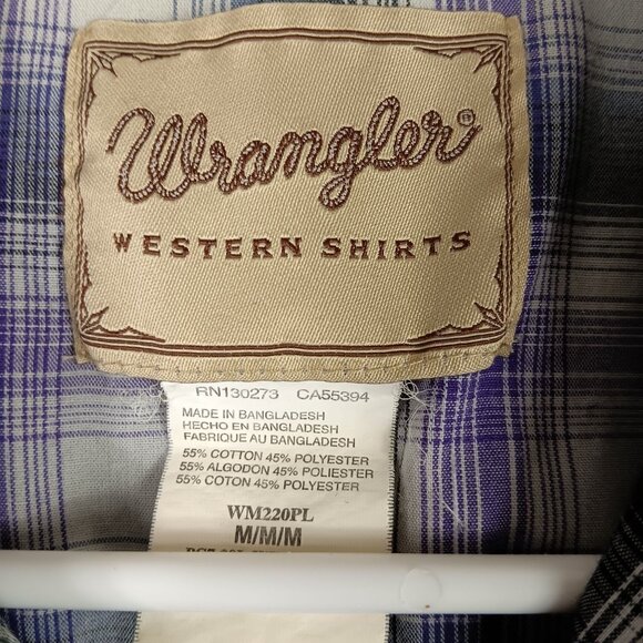 Vintage Wrangler Western Plaid Short Sleeve Shirt Size M Purple Pearl Snap Front - Picture 4 of 6